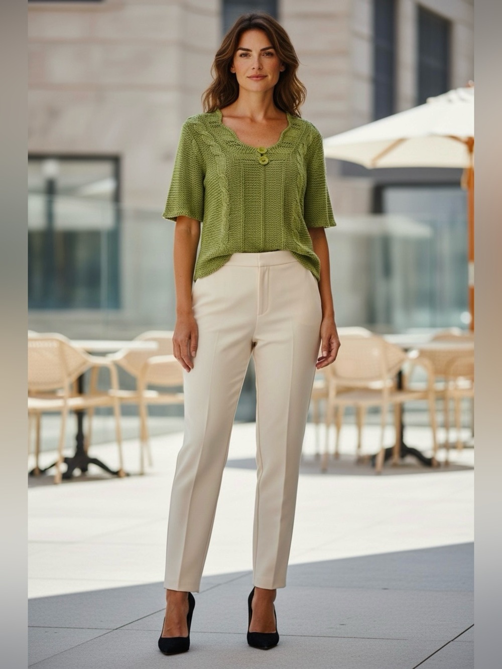 LE GRENIER, Olive Green Open Knit Sweater Top Crochet Boho Stretch, Medium